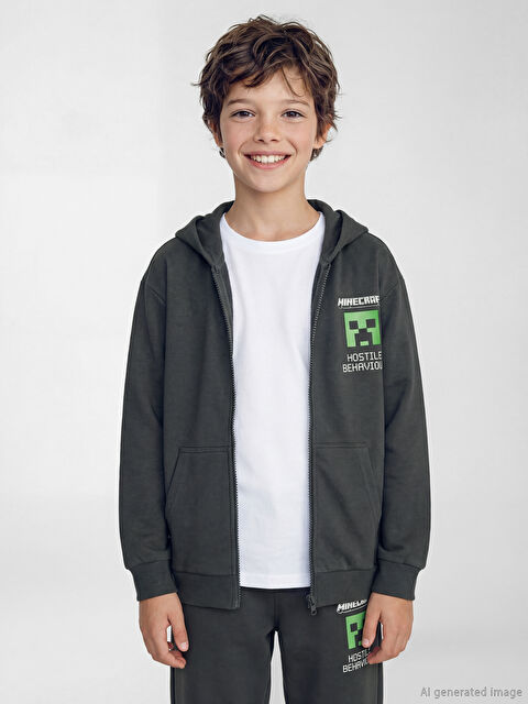 LCW Kids Kapüşonlu Minecraft Baskılı Erkek Çocuk Fermuarlı Sweatshirt - S6OH46Z4-R4Q