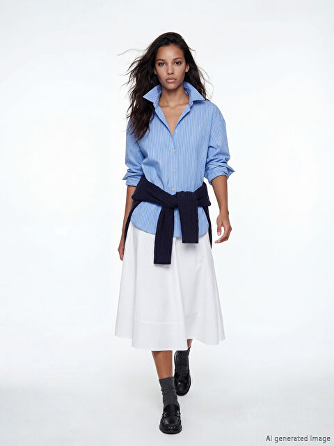 LCW Vision Çizgili Oversize Poplin Kadın Gömlek - S6OI98Z8-LEN