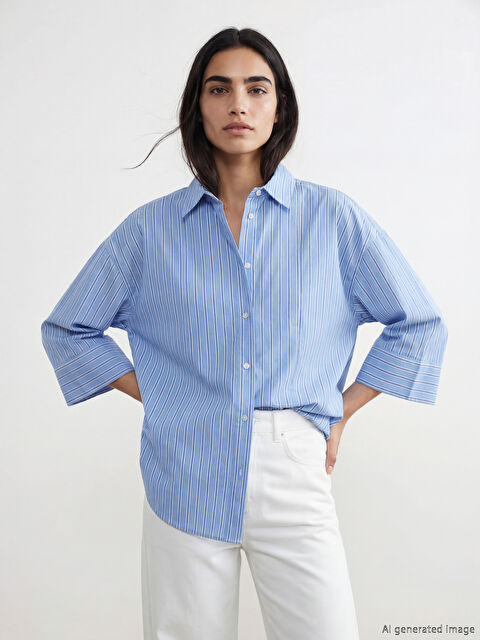 LCW Vision Çizgili Oversize Poplin Kadın Gömlek - S6OI98Z8-LEN