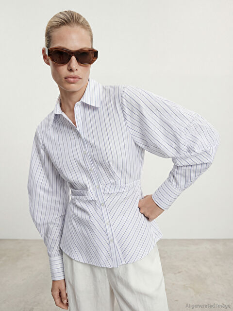 LCW Vision Çizgili Balon Kollu Büzgülü Kadın Gömlek - S6OJ65Z8-LEN