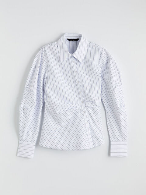 LCW Vision Çizgili Balon Kollu Büzgülü Kadın Gömlek - S6OJ65Z8-LEN