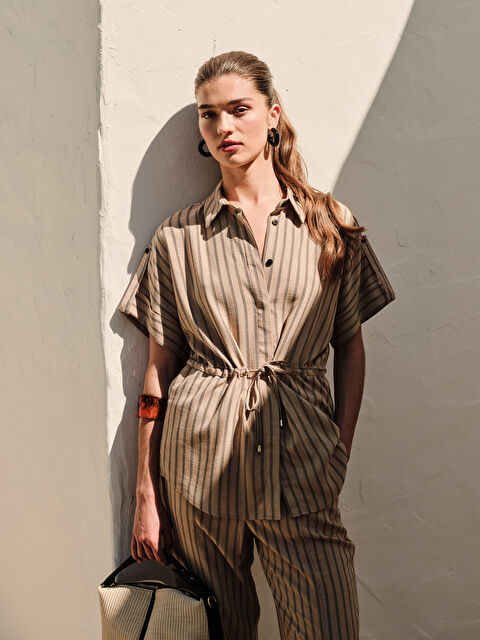 LCW STUDIO Çizgili Keten Görünümlü Kadın Gömlek