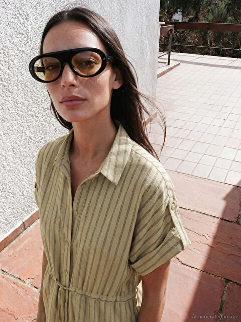 LCW STUDIO Çizgili Keten Görünümlü Kadın Gömlek