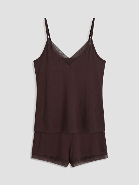 LCW DREAM V Yaka Tül Detaylı Kadın Şortlu Pijama Takımı - S6OK53Z8-JR3