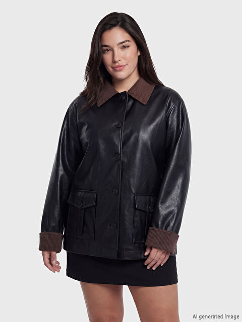 Soulife Petite Kadife Yaka Kadın Deri Görünümlü Mont