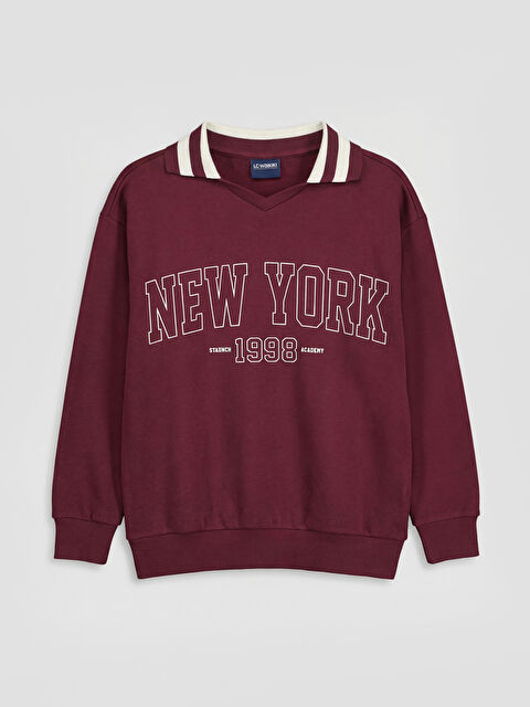 LCW Kids Polo Yaka New York Baskılı Kız Çocuk Sweatshirt