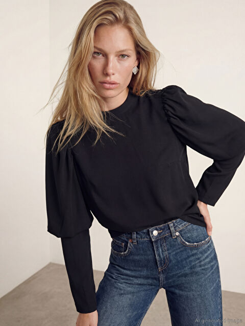 LCW Vision Dik Yaka Balon Kollu Saten Bluz - S6OM36Z8-CVL