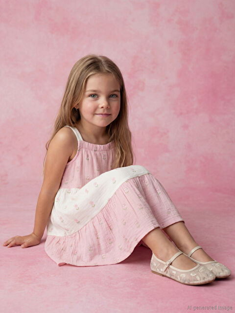 LCW Kids Kare Yaka Nakışlı Kız Çocuk Müslin Elbise