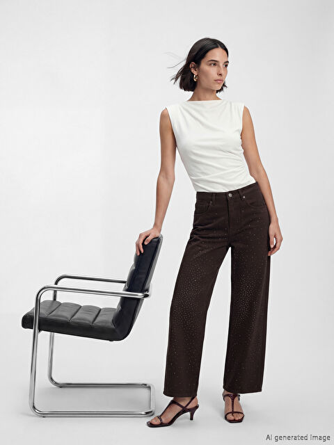 LCW Jeans Yüksek Bel Wideleg Taşlı Kadın Jean Pantolon