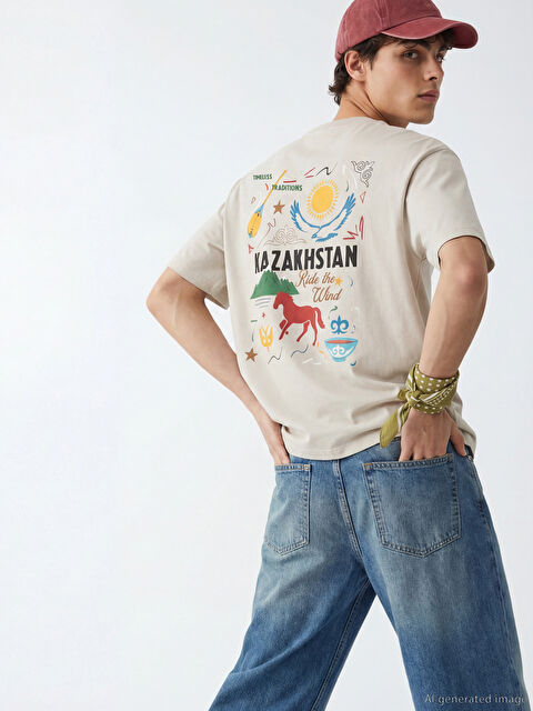 XSIDE Bisiklet Yaka Kazakistan Baskılı Erkek Tişört - S6F037Z8-2SJ