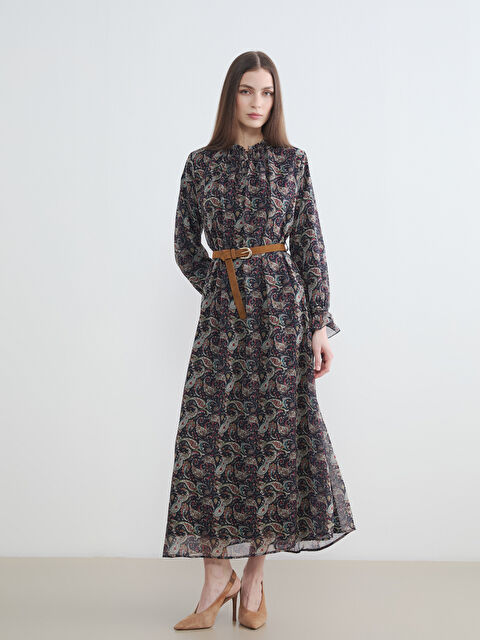 LCW Modest Dik Yaka Desenli Kemerli Şifon Elbise - S6F042Z8-LQJ