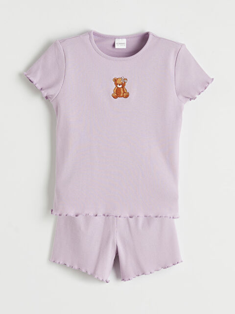 LCW Kids Bisiklet Yaka Nakışlı Kız Çocuk Şortlu Pijama Takımı - S6F049Z1-G2N