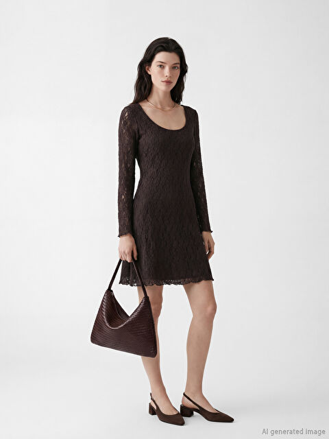 LCW Comfort U Yaka Dantelli Mini Elbise	 - S6B080Z8-HMK