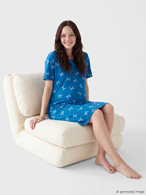 LCW DREAM Bisiklet Yaka Fiyonk Baskılı Hamile Gecelik