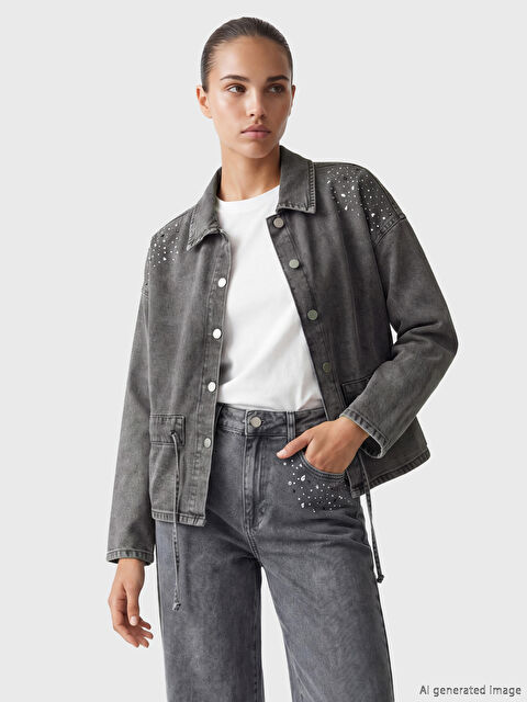 Natuvera Gömlek Yaka Taşlı Kadın Jean Ceket