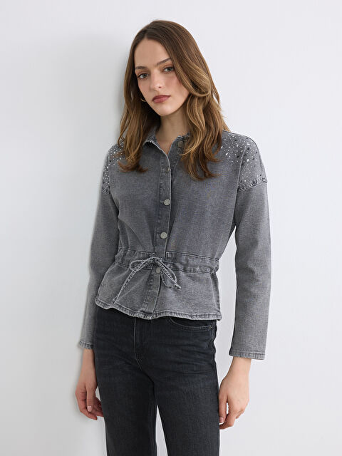 Natuvera Gömlek Yaka Taşlı Kadın Jean Ceket - S6C081Z8-ZZK