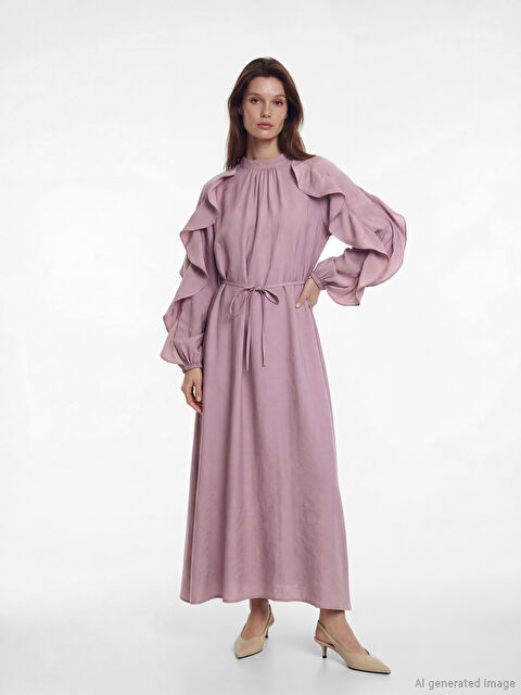 LCW Modest Dik Yaka Fırfırlı A Kesim Kadın Elbise - S6C100Z8-ZW3