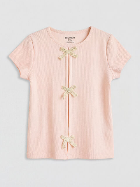 LCW Kids Bisiklet Yaka Fiyonk Detaylı Kız Çocuk Tişört