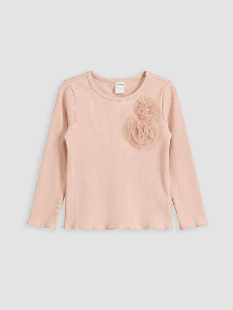 LCW Kids Bisiklet Yaka Çiçek Aplikeli Kız Çocuk Tişört - S6F126Z1-FZY