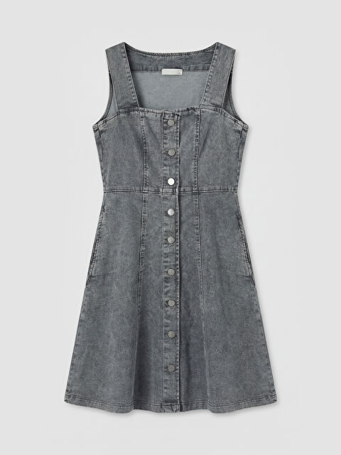 Natuvera Kare Yaka Belden Oturtmalı Mini Jean Elbise