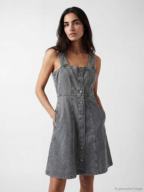 Natuvera Kare Yaka Belden Oturtmalı Mini Jean Elbise