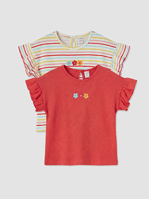 LCW Kids Bisiklet Yaka Nakışlı Kız Çocuk Tişört 2'li