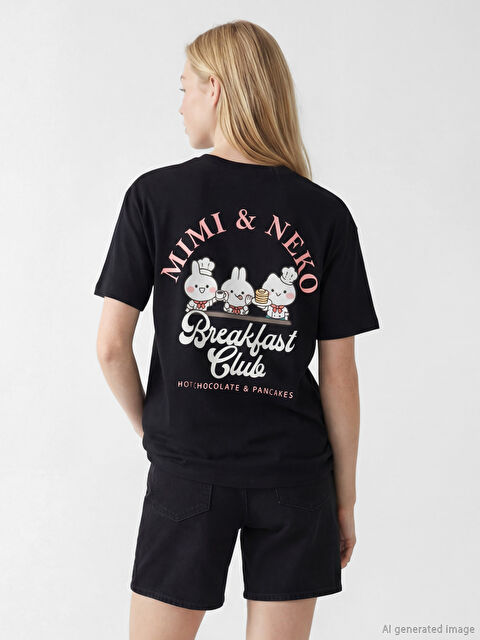 XSIDE Bisiklet Yaka MimisNeko Baskılı Kadın Tişört