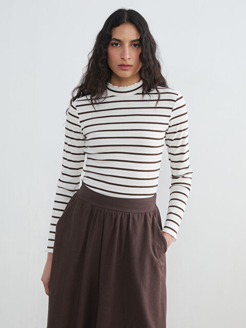 LCW Modest Fırfırlı Dik Yaka Çizgili Kadın Body - S6B198Z8-LEW