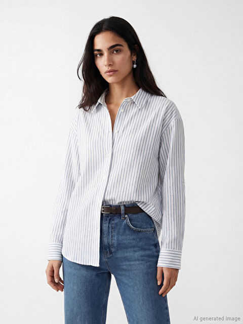 LCW Vision Çizgili Oversize Kadın Gömlek	 - S6A210Z8-LEN