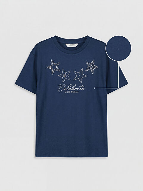 LCW Kids Bisiklet Yaka Taş Baskılı Kız Çocuk Tişört