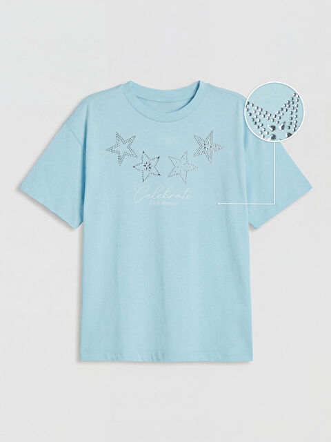 LCW Kids Bisiklet Yaka Taş Baskılı Kız Çocuk Tişört