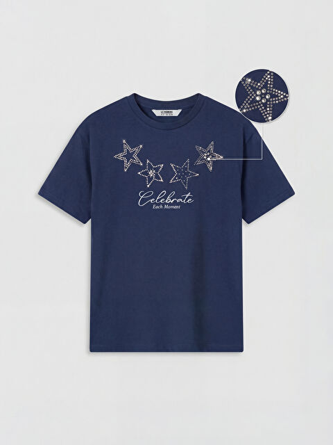 LCW Kids Bisiklet Yaka Taş Baskılı Kız Çocuk Tişört