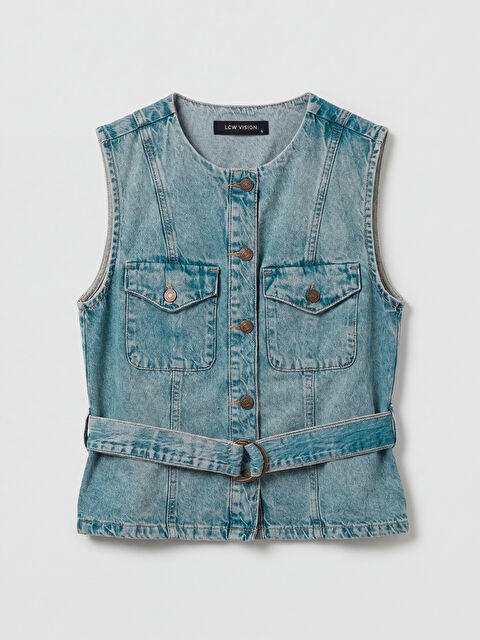 LCW Vision Bisiklet Yaka Kemerli Kadın Jean Yelek