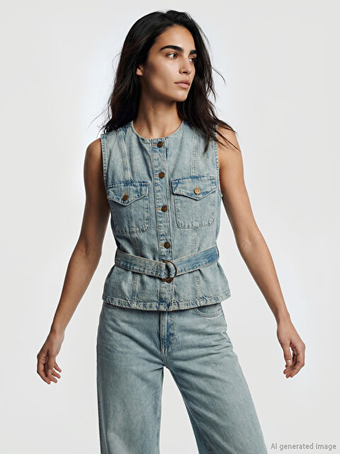 LCW Vision Bisiklet Yaka Kemerli Kadın Jean Yelek