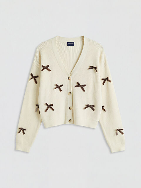 LCW Kids V Yaka Fiyonklu Kız Çocuk Triko Hırka - S6E219Z4-FDP