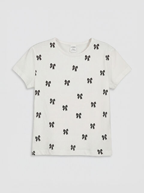 LCW Kids Bisiklet Yaka Fiyonk Baskılı Kız Çocuk Tişört