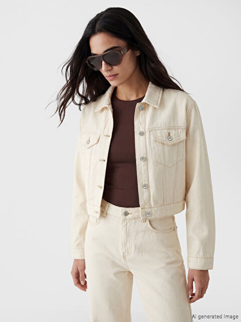 LCW Vision Gömlek Yaka Crop Kadın Jean Ceket