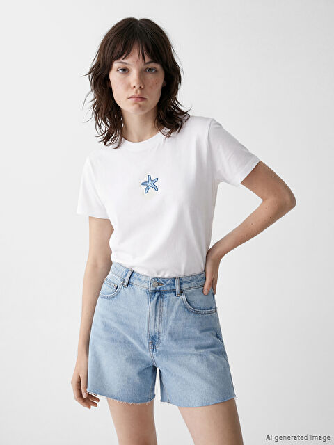 XSIDE Bisiklet Yaka Nakışlı Kadın Tişört - S6C255Z8-Q6K