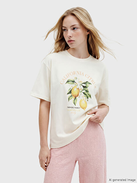XSIDE California Baskılı Oversize Kadın Tişört - S6D258Z8-F0B