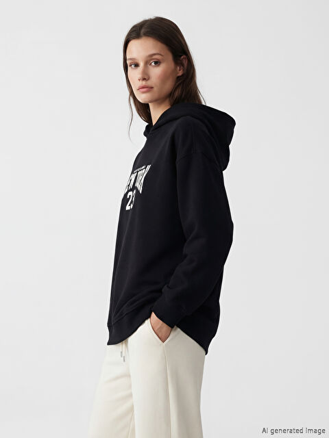 LCW Modest Kapüşonlu New York Baskılı Kadın Sweatshirt Tunik - S6D262Z8-CVL