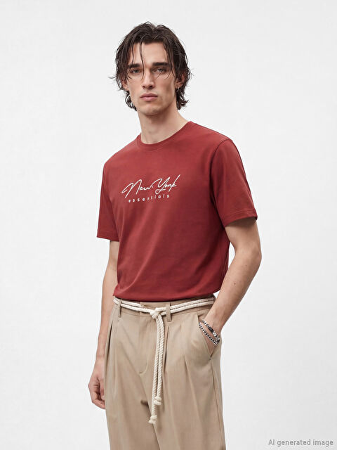 XSIDE Bisiklet Yaka New York Baskılı Erkek Penye Tişört - S6E273Z8-5E3