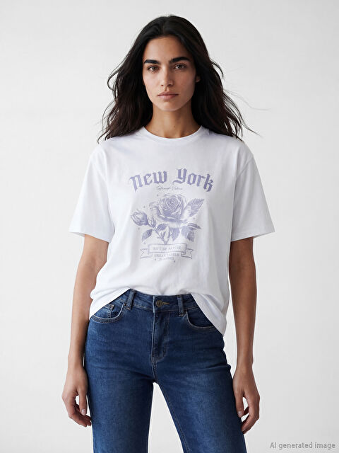 LCW Vision New York Baskılı Oversize Kadın Tişört - S6D278Z8-Q6K