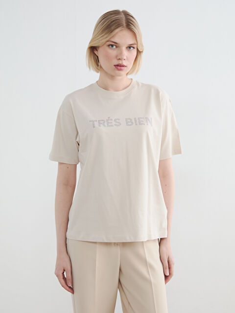 LCW Vision Bisiklet Yaka Taşlı Oversize Kadın Tişört