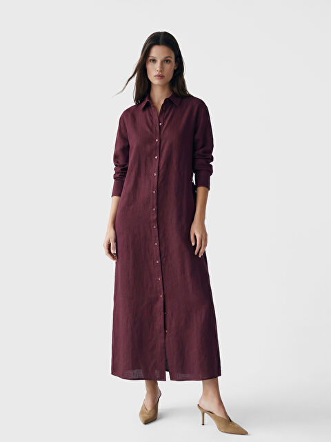 LCW Modest Kuşaklı Keten Gömlek Elbise