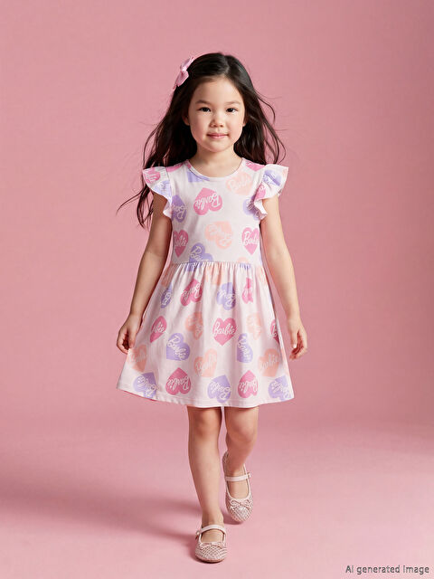 LCW baby Bisiklet Yaka Barbie Baskılı Kız Çocuk Penye Elbise