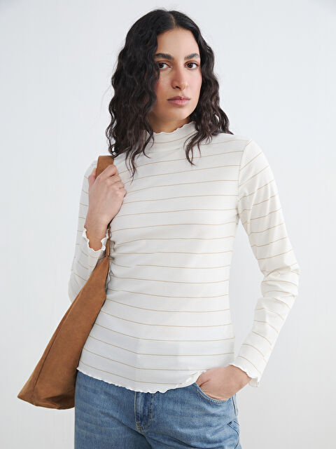 LCW Modest Fırfırlı Dik Yaka Çizgili Kadın Body	 - S6B288Z8-LFC