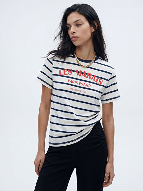 LCW Vision Bisiklet Yaka Çizgili Kadın Tişört