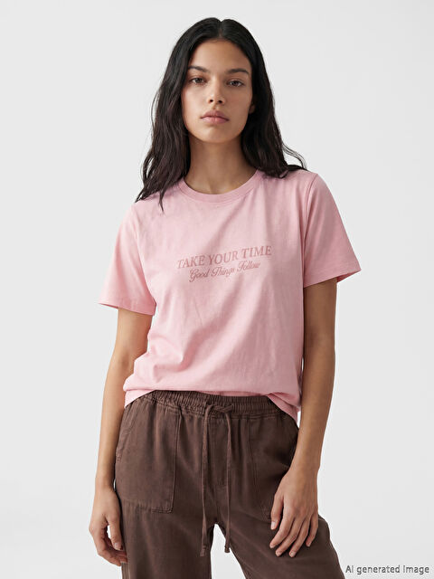 LCW Vision Bisiklet Yaka Baskılı Kadın Tişört