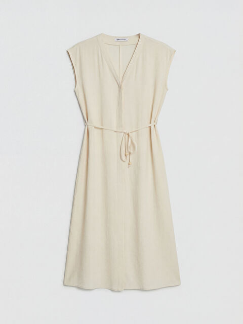 LCW EVERYDAY V Yaka Beli Kuşaklı Dokulu Elbise