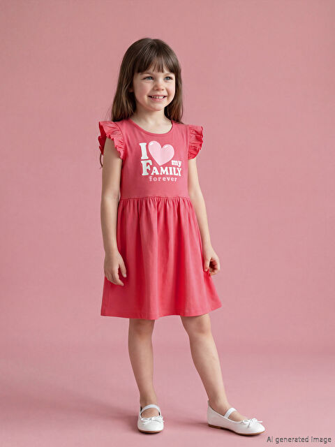 LCW Kids Bisiklet Yaka Volanlı Baskılı Kız Çocuk Elbise